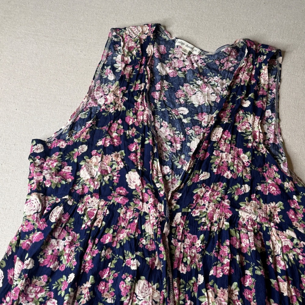 Indigo Thread Co Navy Floral Rayon Duster Maxi Vest Sleeveless 2X Made in USA